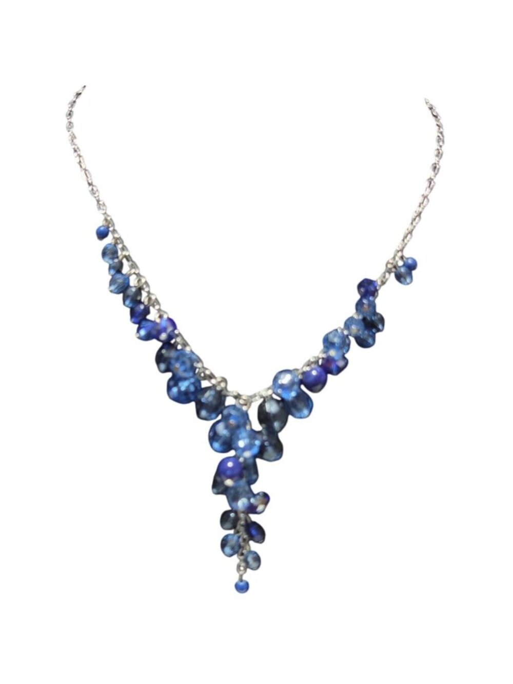 Vintage 1928 Jewelry Y Necklace Blue Cluster Beads Silver Tone Chain Fashion